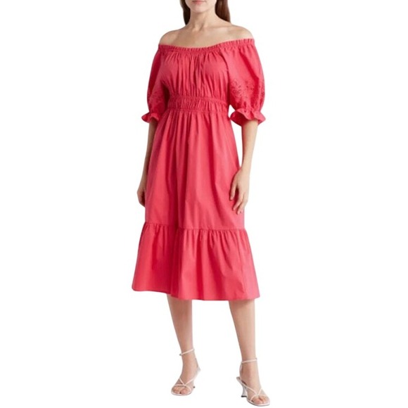 Nanette Lepore Dresses & Skirts - Nanette Lepore Pink Midi‎ Dress Eyelet Puff Sleeve Tiered Womens Size 16